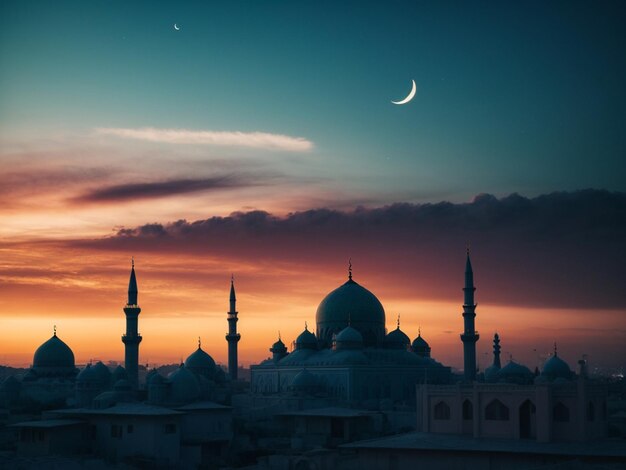 写真 夕暮れの空と半月でのドームモスクのシルエット写真
