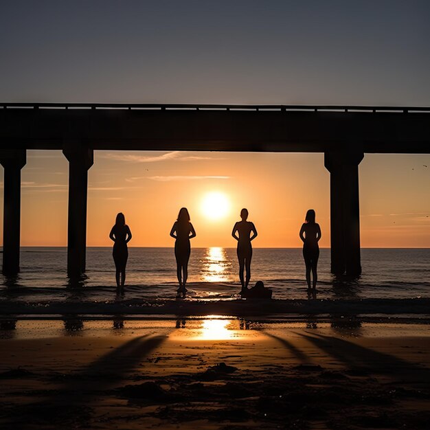 photo of a silhouette of group of friends at the beach facing the sunset during the summer at night