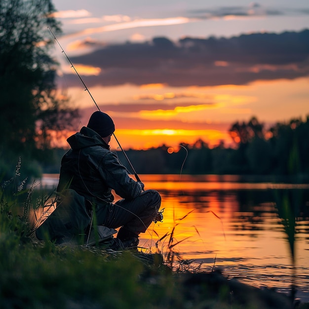 Photo photo silhouette man fishing in lake against sky during sunset