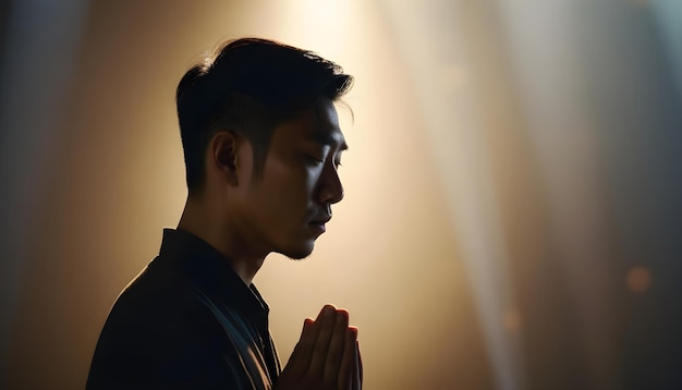 사진 예쁜 아시아 남자가 기도하는 사진 실루
