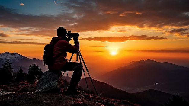 A photo silhouette of photographer with evening sunset in the mountains