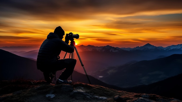 A photo silhouette of photographer with evening sunset in the mountains