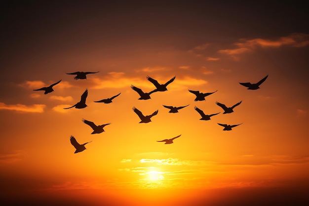 Photo of Silhouettes of birds in flight at sunset 4K