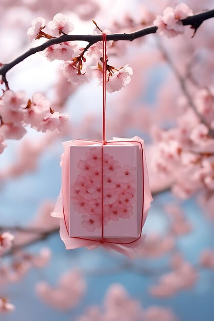 Photo photo of silk rectangular card hanging on cherry blossom branches wit blank white design shape art