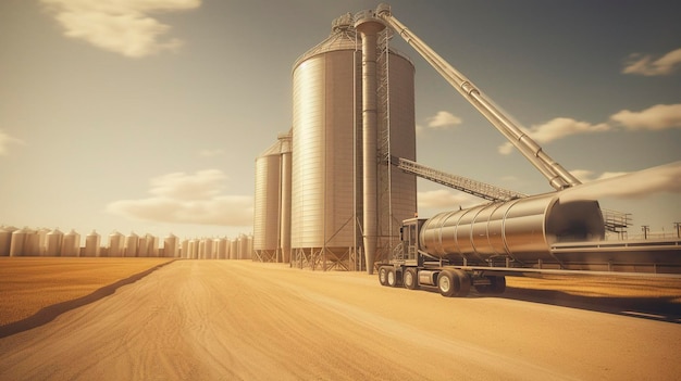 A photo of a silo with a conveyor belt loading grain into a truck