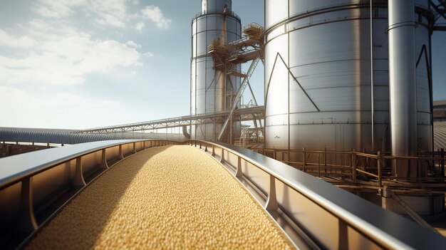 Photo a photo of a silo with a conveyor belt loading grain into a truck