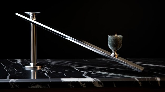 A photo of a silver metallic candle snuffer black marble backdrop