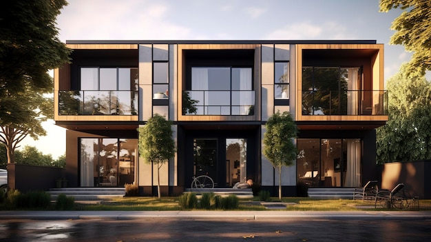 A photo of a Simple and Modern Townhouse Design | Premium AI-generated image This premium AI-generated image captures a simple and modern townhouse design, showcasing its sleek lines and contemporary aesthetic. The minimalist facade and clean architectural details make this townhouse a perfect blend of functionality and style, ideal for urban living.