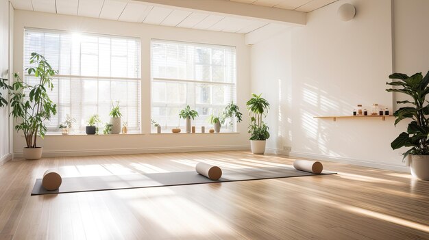 柔らかい自然の光を浴びて竹の床を敷いたシンプルなヨガスタジオの写真