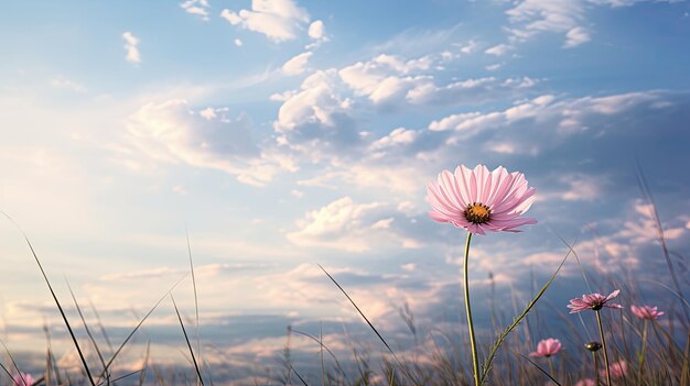 A photo of a single flower in a meadow soft clouds backdrop