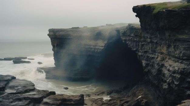 A photo of a sinkhole in a coastal cliff foggy atmosphere