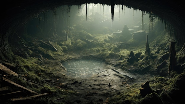 Foto una foto di una dolina in una foresta nebbiosa con illuminazione diffusa