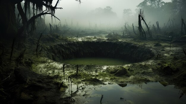 A photo of a sinkhole in a swampy marsh foggy haze