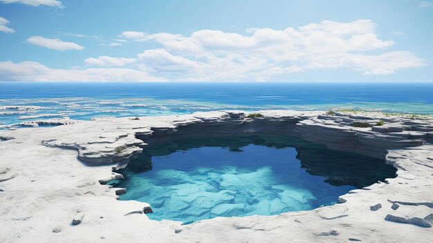 A photo of a sinkhole terrain with deep blue water clear skies