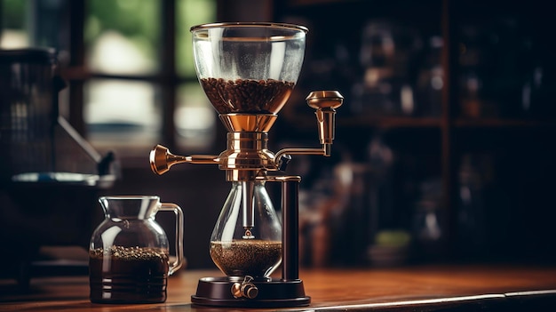 A photo of a siphon coffee maker with freshly ground beans