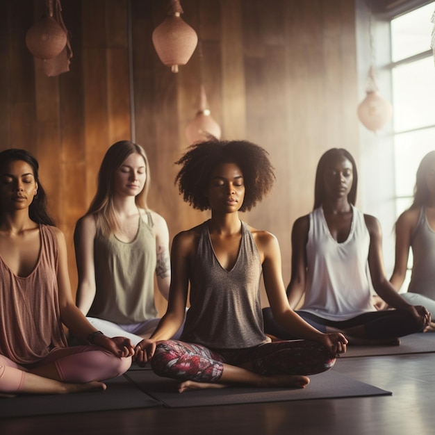 Photo six young multiethnic diverse attractive women sitting in row in lotus position or padmasana