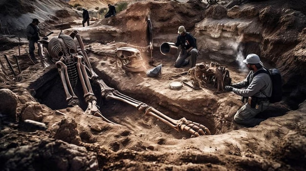 Фотография скелета в яме с человеком сзади.
