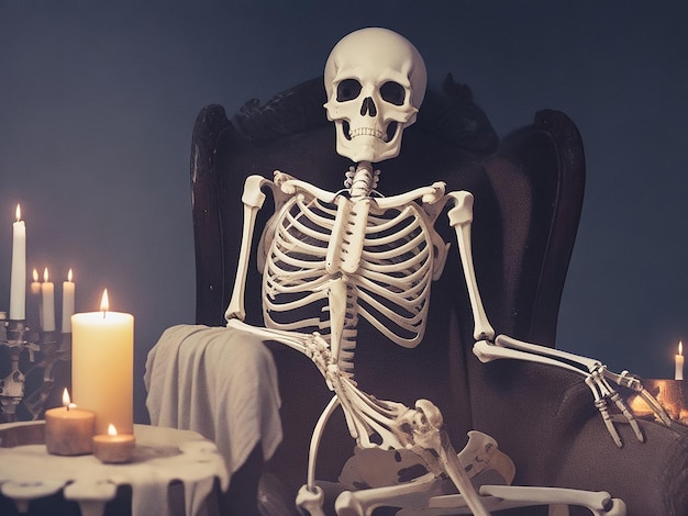 Фото скелета сидит на стуле со свечами на заднем плане