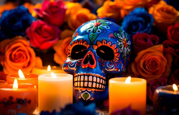죽은 멕시코 개념의 꽃 촛불 날 사진 두개골