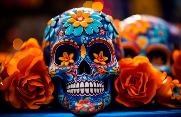 Photo skull with flowers candles day of the dead mexico concept