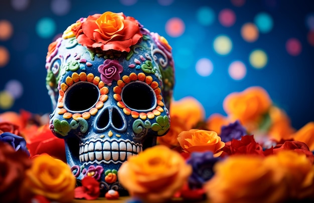 Photo skull with flowers candles day of the dead mexico concept