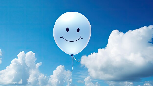 A photo of a sky blue balloon fluffy white clouds backdrop