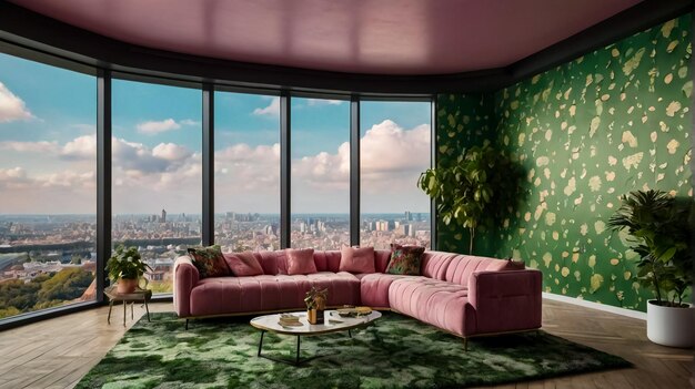 photo of a skyscraper penthouse apartment with baroque wallpaper and big windows
