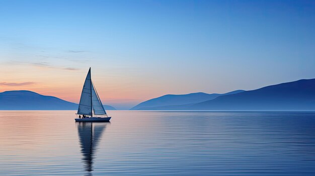 A photo of a sleek blue sailboat calm lake backdrop