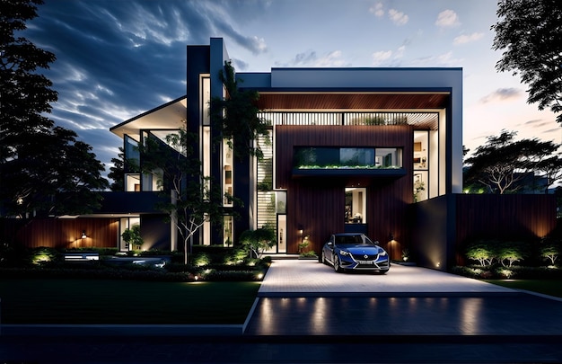 Photo of a sleek car parked in front of a contemporary house