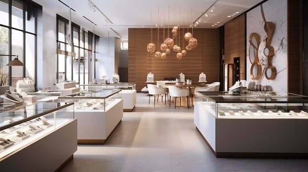 A photo of a sleek and contemporary jewelry store interior