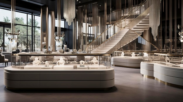 A photo of a sleek and contemporary jewelry store interior