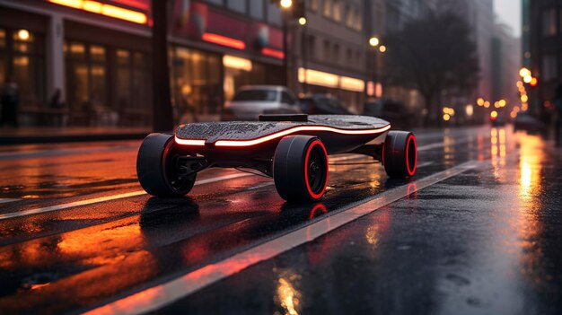 A photo of a sleek electric skateboard on a city