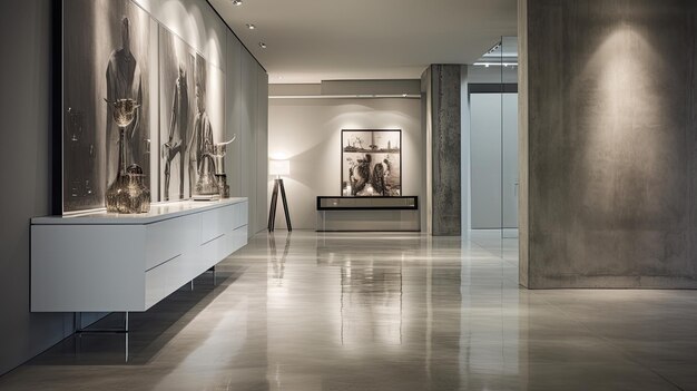 Photo a photo of a sleek hallway with polished concrete floors recessed lighting