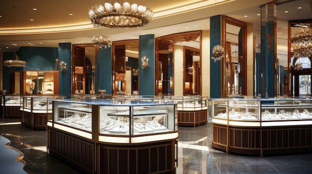 A photo of a sleek jewelry store glass display cases