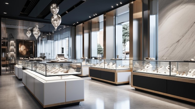 Photo a photo of a sleek jewelry store with glass display cases soft spotlighting