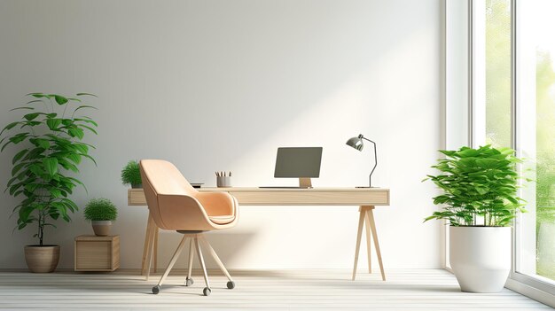 A photo of a sleek office space with minimal desk bright natural light