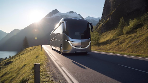 A Photo of a Sleek Silver Motorhome on a Scenic Road