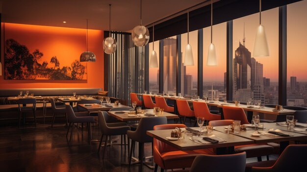 A photo of a sleek urban restaurant interior city view backdrop