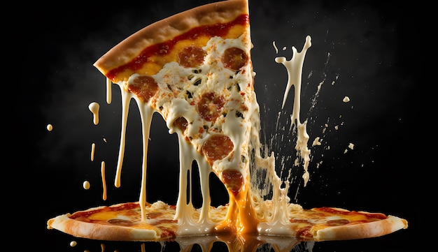 Фотокусочек пиццы с падающим сыром выглядит вкусным генеративный ай