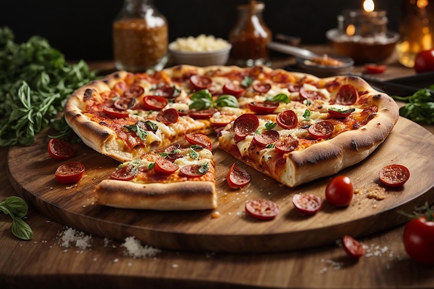 木の板にモッツァレラチーズのトマトとオリーブを載せたピザのスライスの写真生成ai