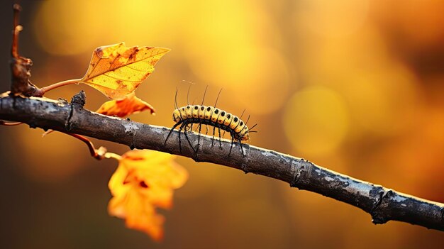 Photo a photo of a small caterpillar on a twig autumnal forest background