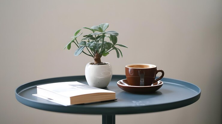A photo of a small decorative plant a cup of coffee and a book on a table