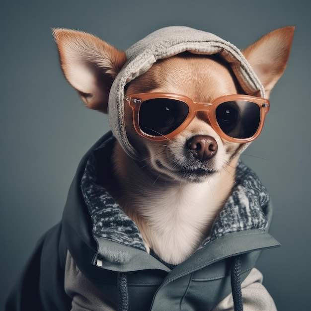 PHOTO チワワと書かれたパーカーとサングラスをかけた小型犬