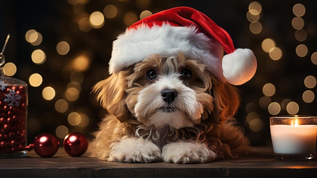 Photo of a small dog with a Christmas hat Generated with AI