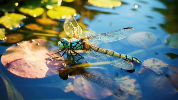 A photo of a small dragonfly on a pond sunset glow