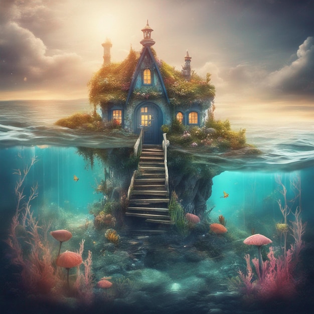 Photo small fairy tale house in magic Waterland underwater at sea sight wallpaper