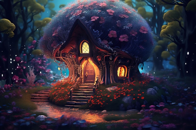 Photo small fairy tale sparkling house in magic forest ai generated