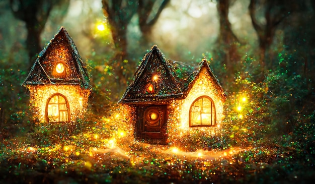 Photo photo small fairy tale sparkling house in magic forest ai generated