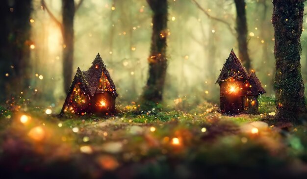 Photo photo small fairy tale sparkling house in magic forest ai generated