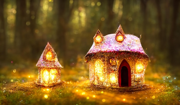 Photo photo small fairy tale sparkling house in magic forest ai generated